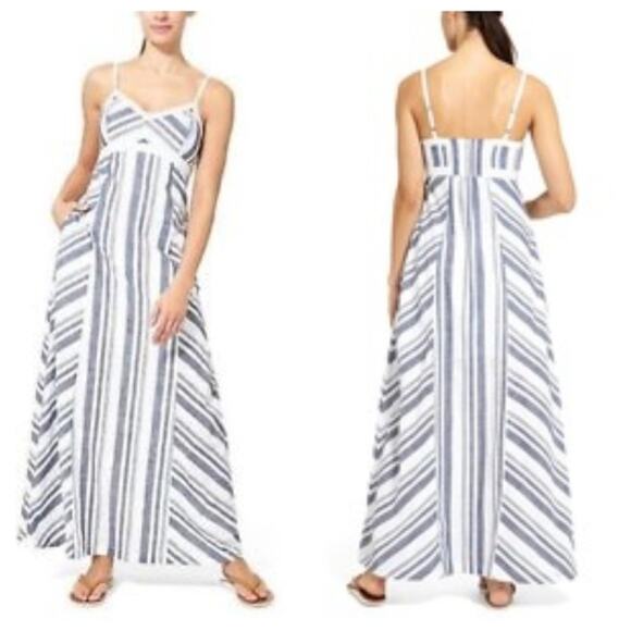 Athleta Morrea Cotton Blue White Striped Maxi Dress EUC Size 2 MSRP $119